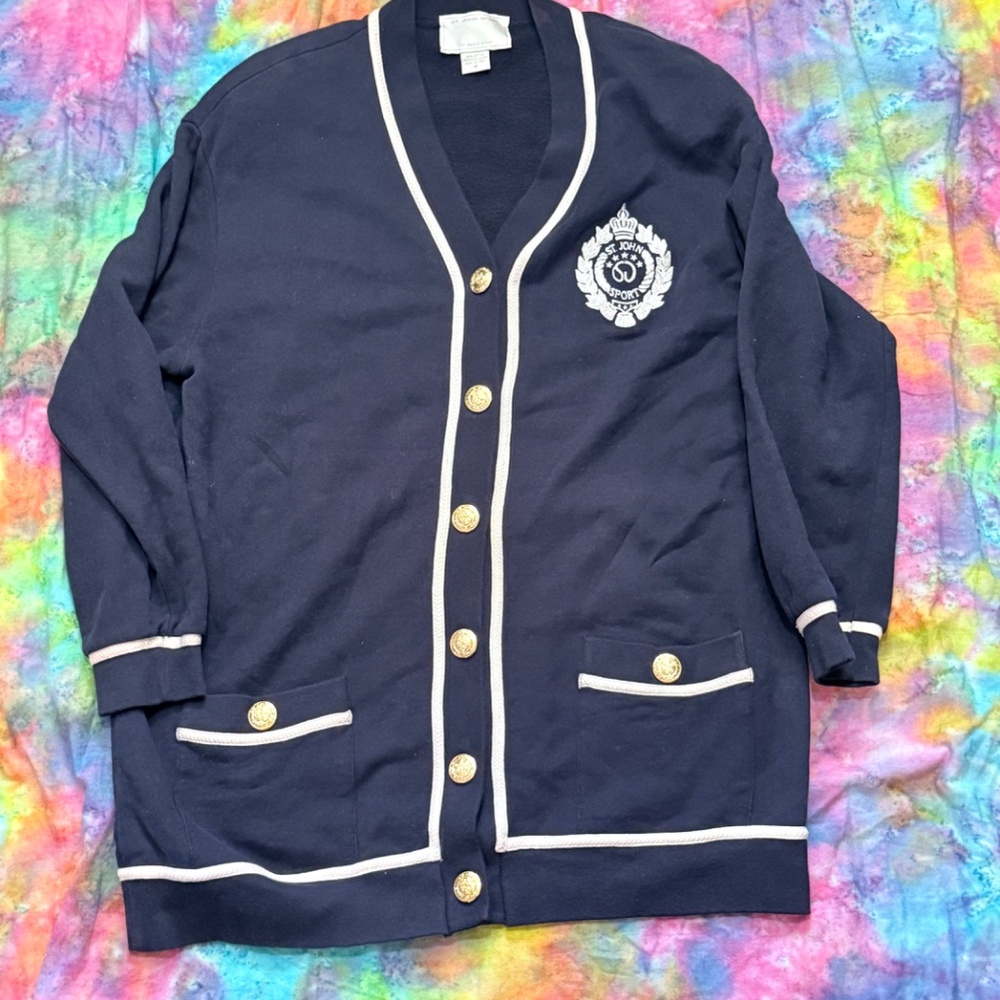 VTG 90s St. John Sport Cardigan Navy Blue White Lining Gold Button Up Sweater M